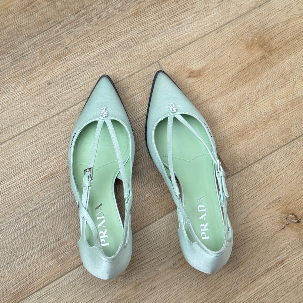 Prada Pale Mint Pointed Slingback Flats with Crystal Detail